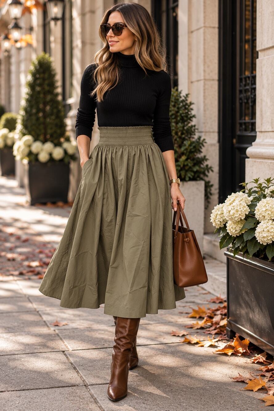 Heritage Luxury Preppy Smocked Cotton Poplin Midi Skirt Earthy Olive Nordstrom L